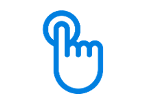 A blue outline of a hand pressing a button on a white background.
